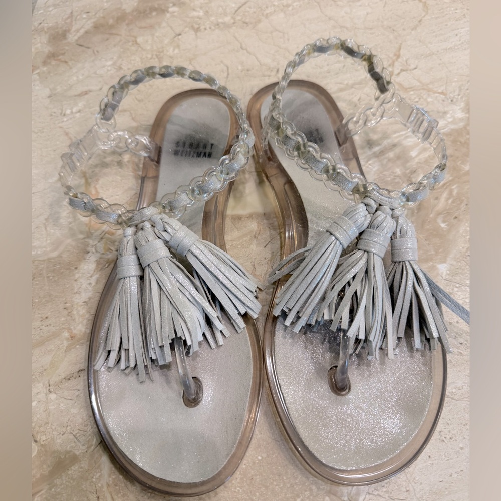 Stuart Weitzman Silver Gray Jelly Thong Sandals 39